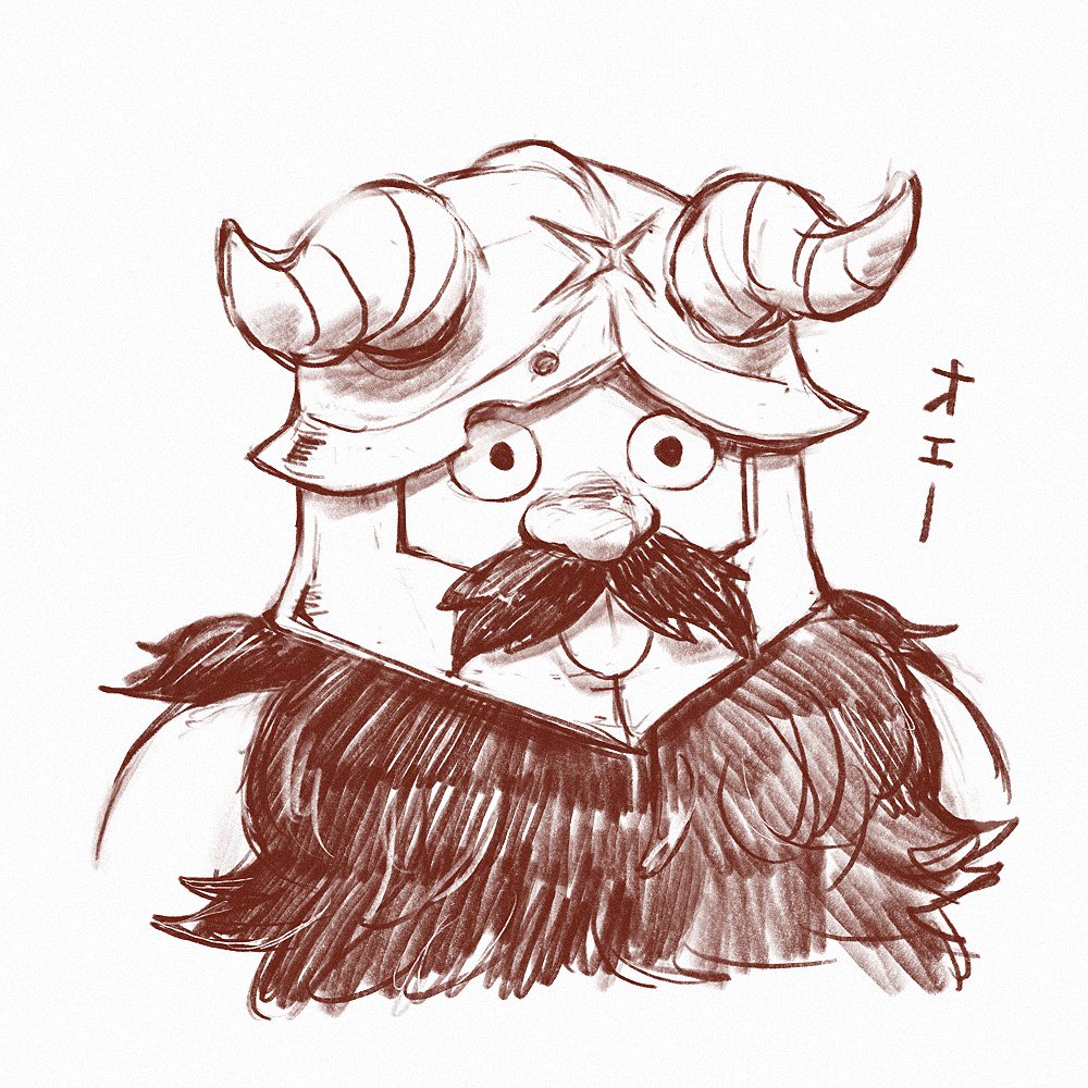 1boy :p beard brown_hair brown_theme cropped_shoulders dungeon_meshi dwarf facial_hair fake_horns helmet horned_helmet horns long_beard male_focus monochrome o_natsuo88 senshi_(dungeon_meshi) solo thick_mustache tongue tongue_out translation_request very_long_beard