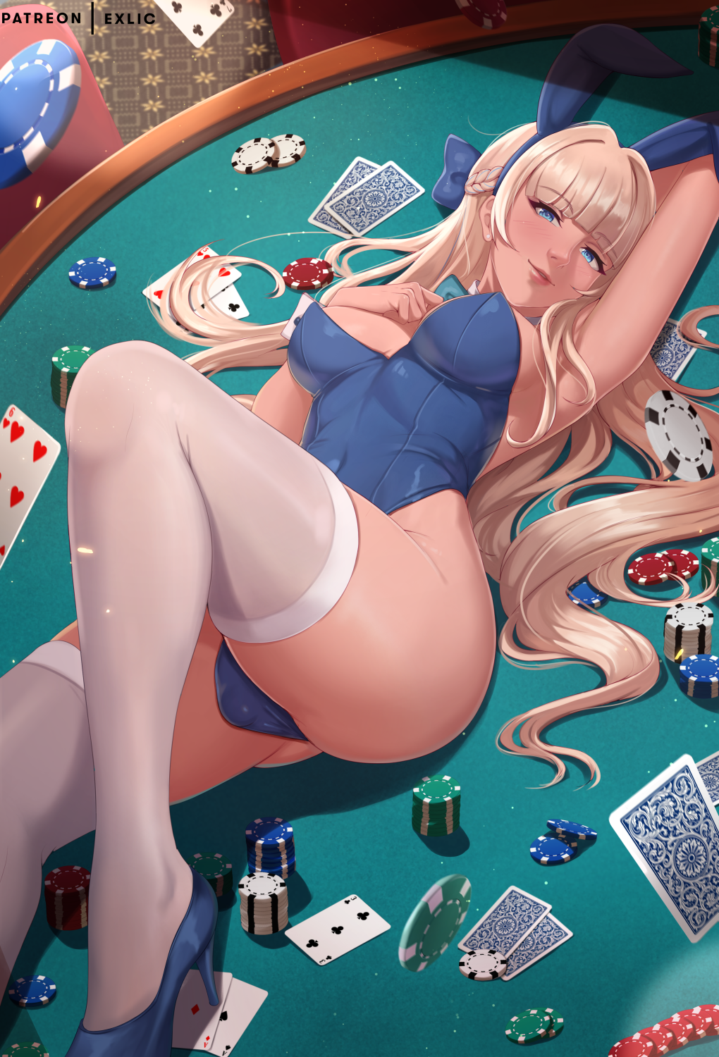 1girl ace_(playing_card) ace_of_diamonds ace_of_spades animal_ears aqua_bow aqua_bowtie arm_pillow artist_name blonde_hair blue_archive blue_bow blue_eyes blue_footwear blue_hair blue_leotard bow bowtie braid breasts bulge card covered_navel detached_collar diamond_(shape) exlic fake_animal_ears floating_card futanari hair_bow hand_on_own_chest high_heels highleg highleg_leotard highres knee_up large_breasts leotard light_smile long_hair looking_at_viewer lying multicolored_hair no_halo official_alternate_costume on_back on_table parted_lips patreon_username playboy_bunny playing_card poker_chip poker_table pumps rabbit_ears solo spade_(shape) strapless strapless_leotard streaked_hair table teeth thighhighs toki_(blue_archive) toki_(bunny)_(blue_archive) very_long_hair white_thighhighs white_wrist_cuffs wrist_cuffs