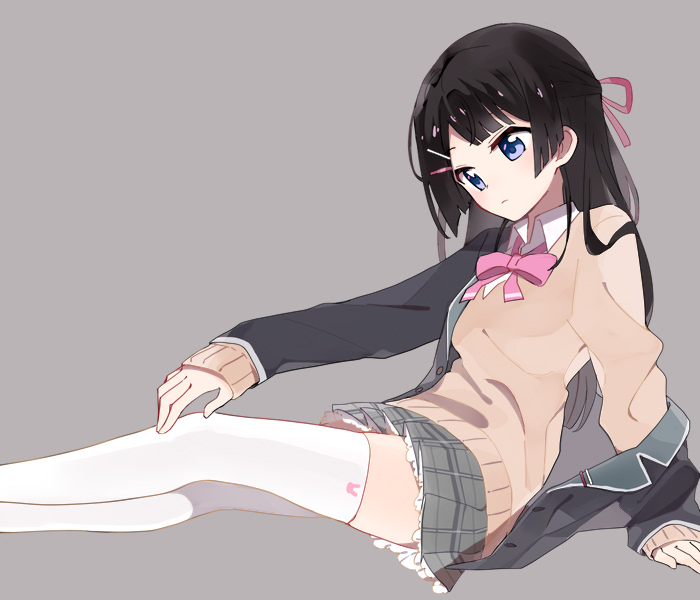 1girl black_jacket blazer blue_eyes bow bowtie brown_hair brown_sweater collared_shirt feet_out_of_frame from_side grey_background grey_skirt hair_ribbon half_updo jacket legs_together long_hair looking_down miniskirt nijisanji off_shoulder open_clothes open_jacket outstretched_arm pink_bow pink_bowtie pink_ribbon plaid plaid_skirt pleated_skirt ribbon school_uniform shirt sidelocks simple_background skirt solo sou_(tuhut) straight_hair sweater thighhighs tsukino_mito virtual_youtuber white_shirt white_thighhighs zettai_ryouiki