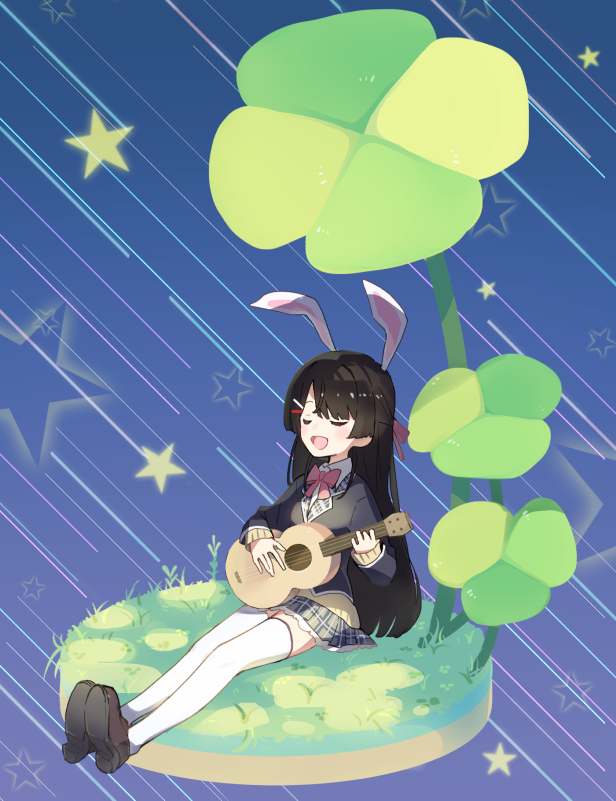 1girl :d animal_ears black_jacket blazer blue_background bow bowtie brown_footwear brown_hair closed_eyes clover collared_shirt fake_animal_ears four-leaf_clover full_body grass grey_skirt guitar holding holding_instrument instrument jacket legs_together loafers long_hair long_sleeves miniskirt music nijisanji open_mouth pink_bow pink_bowtie plaid plaid_skirt playing_instrument pleated_skirt rabbit_ears school_uniform shirt shoe_soles shoes shooting_star sitting skirt smile solo sou_(tuhut) star_(symbol) straight_hair thighhighs tsukino_mito virtual_youtuber white_shirt white_thighhighs zettai_ryouiki