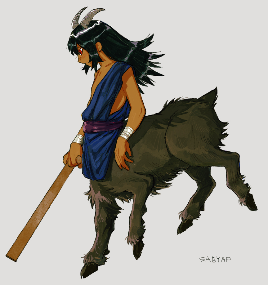 1boy arm_wrap artist_name black_fur black_hair cane centauroid commentary_request dark-skinned_male dark_skin full_body goat_boy goat_horns goat_tail grey_background hooves horns long_hair looking_to_the_side male_focus monster_boy open_mouth original red_eyes sabyap sidelocks simple_background solo taur toga walking