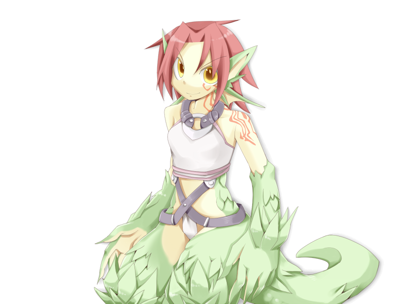 1girl bmp-to-png_conversion breasts closed_mouth clothing_request colored_skin cowboy_shot dragon_ears dragon_girl dragon_tail facial_tattoo fins frfr game_cg granberia green_skin hair_intakes head_fins looking_at_viewer medium_breasts mon-musu_quest! monster_girl neck_tattoo non-web_source pointy_ears red_hair scales short_hair simple_background smile solo tail tattoo transparent_background v-shaped_eyebrows yellow_eyes yellow_skin