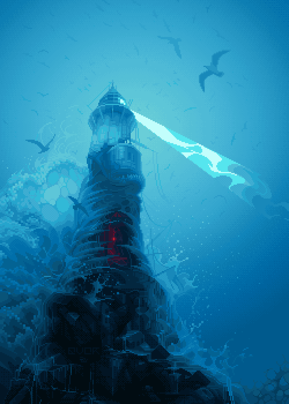 artist_name blue_sky blue_theme commentary english_commentary foam highres light_rays lighthouse no_humans original outdoors pixel_art rock scenery simple_bird sixveeceear sky water