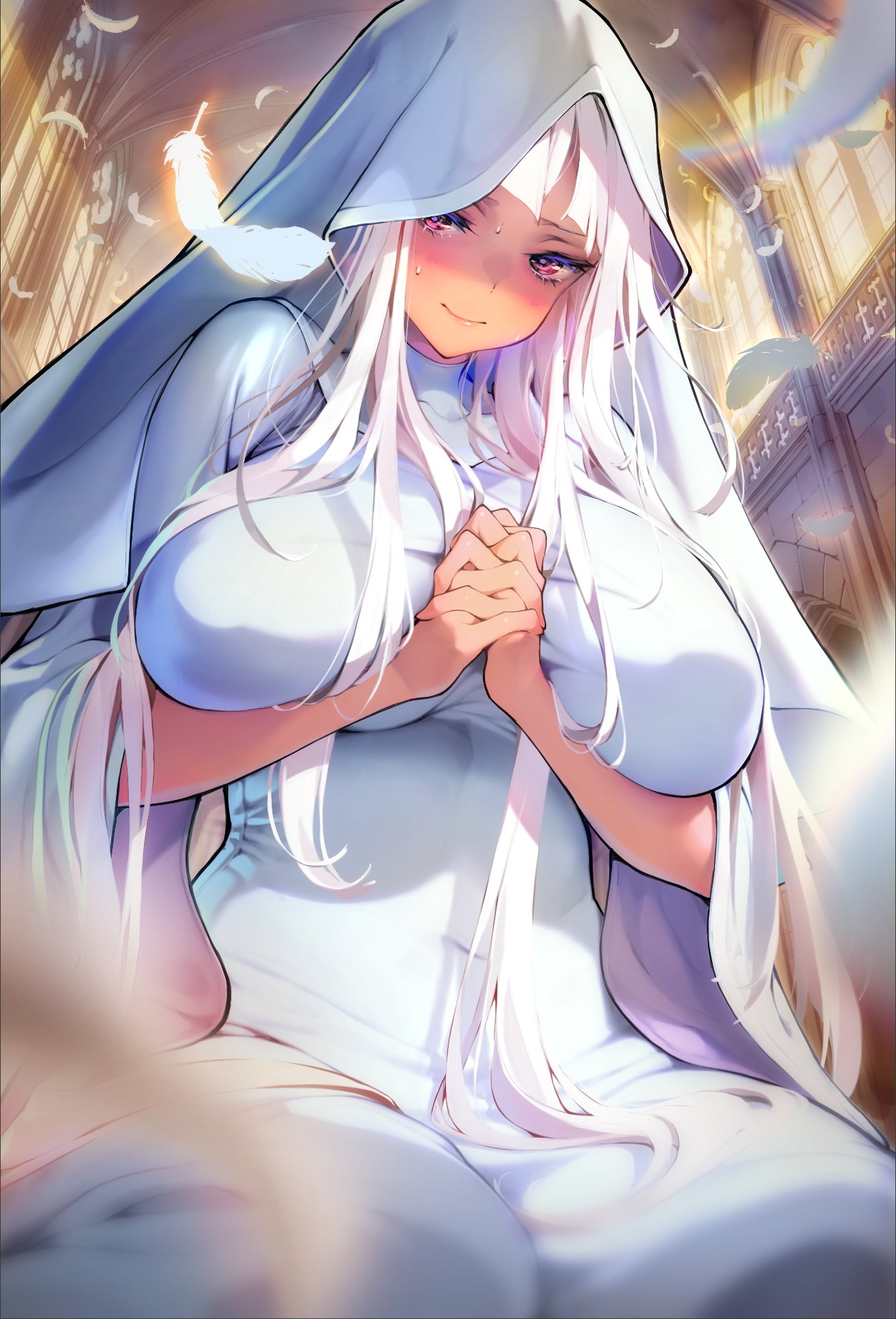 1girl blush breasts cathedral dress feathers highres huge_breasts indoors interlocked_fingers long_hair looking_at_viewer nun original own_hands_together pink_eyes smile solo sweat tinkle_bell veil very_long_hair white_dress white_hair