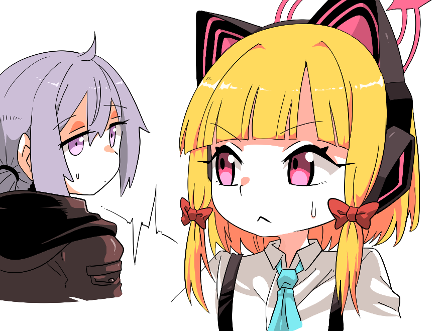 2girls animal_ear_headphones animal_ears black_jacket blonde_hair blue_archive blue_necktie blunt_bangs cat_ear_headphones collared_shirt commentary crossover fake_animal_ears girls'_frontline grey_hair haho hair_between_eyes hair_ribbon halo headphones hood hooded_jacket jacket long_hair long_sleeves looking_at_another low_ponytail m200_(girls'_frontline) momoi_(blue_archive) multiple_girls necktie purple_eyes red_eyes ribbon school_uniform shirt short_hair sidelocks simple_background sparks suspenders sweatdrop symbol-only_commentary tress_ribbon v-shaped_eyebrows white_background white_shirt