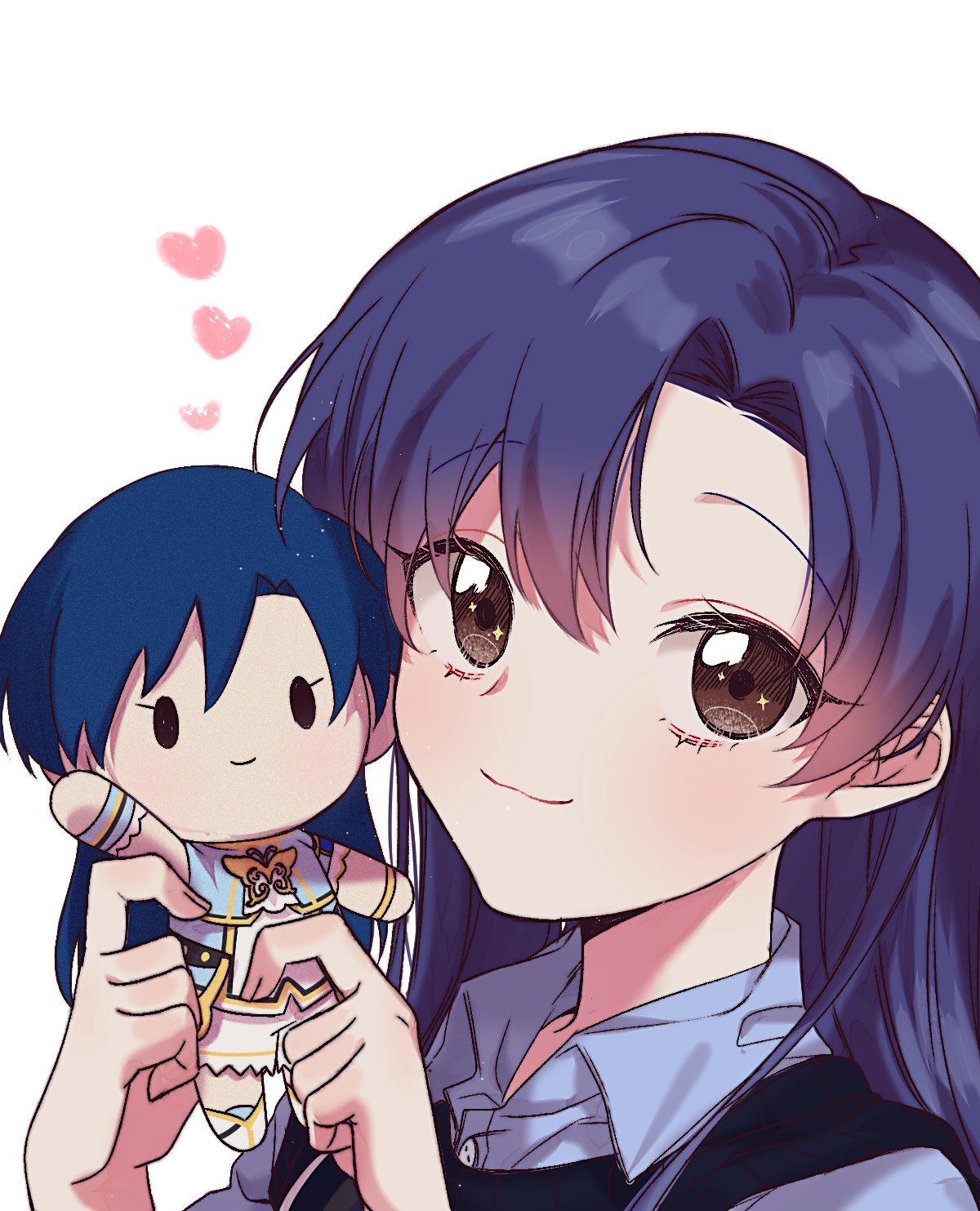 1girl blue_hair blue_shirt blush brown_eyes closed_mouth heart highres holding holding_stuffed_toy idolmaster idolmaster_(classic) idolmaster_million_live! idolmaster_million_live!_theater_days kisaragi_chihaya long_hair looking_at_viewer lunim_(roo_0_0) portrait shirt simple_background smile solo stuffed_toy white_background