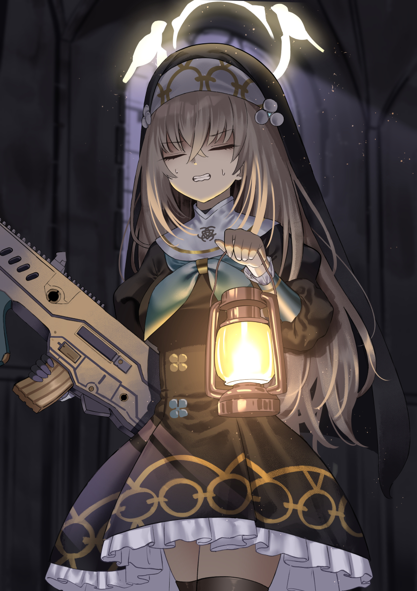 1girl black_headwear black_thighhighs blue_archive breasts clenched_teeth closed_eyes coif commission cowboy_shot grey_hair gun habit hair_between_eyes halo highres holding holding_gun holding_lantern holding_weapon ine_(ineinnen) juliet_sleeves lantern large_breasts long_hair long_sleeves nun pixiv_commission puffy_sleeves sakurako_(blue_archive) solo teeth thighhighs weapon yellow_halo