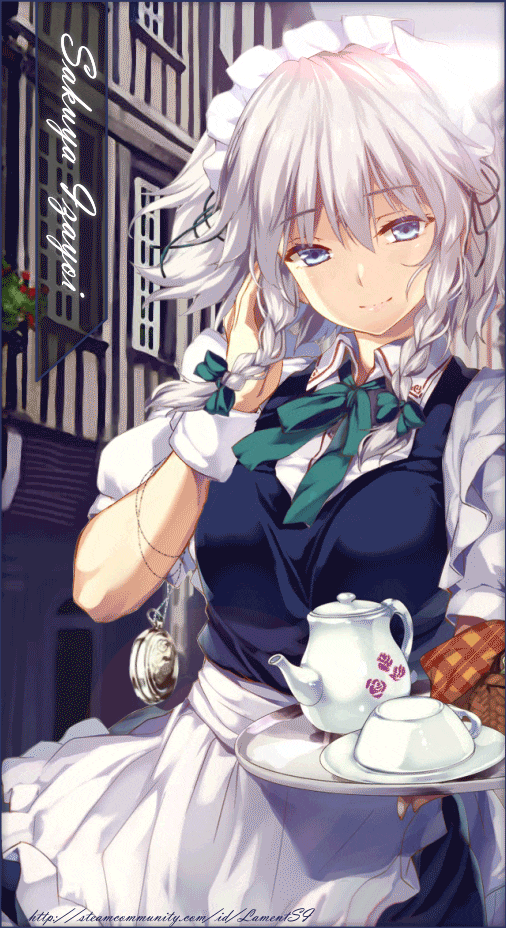 1girl animated animated_gif apron basket blinking blue_eyes bow bowtie braid breasts character_name closed_mouth commissioner_name cup funky173 green_bow green_bowtie green_ribbon hair_between_eyes hair_bow hair_ribbon hand_up handkerchief holding izayoi_sakuya lips looking_at_viewer maid maid_headdress medium_breasts monety outdoors pocket_watch ribbon second-party_source smile solo teacup teapot touhou tray twin_braids waist_apron watch web_address white_hair wing_collar wrist_cuffs