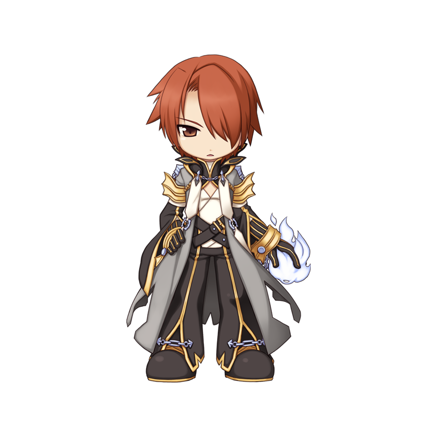 1boy black_bodysuit black_footwear black_gloves black_pants bodysuit brown_eyes chain chibi coat fire full_body gloves grey_coat hair_between_eyes hair_over_one_eye hand_on_own_hip long_bangs long_sleeves looking_at_viewer magic male_focus official_art open_mouth orange_hair pants pyrokinesis ragnarok_online shirt shoes short_hair simple_background solo standing tachi-e transparent_background warlock_(ragnarok_online) white_fire white_shirt yuichirou