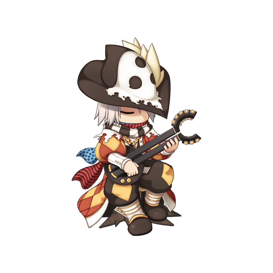 1boy argyle_clothes argyle_coat baggy_pants black_footwear black_headwear black_pants black_scarf black_vest blue_scarf boots chibi closed_eyes coat double_neck_guitar full_body guitar hair_between_eyes hat holding holding_guitar holding_instrument instrument juliet_sleeves long_bangs long_sleeves male_focus minstrel_(ragnarok_online) music no_mouth official_art pants playing_instrument plume polka_dot polka_dot_scarf puffy_sleeves ragnarok_online red_coat red_scarf scarf shirt short_hair simple_background sitting sitting_on_tree_stump solo striped_clothes striped_scarf tachi-e transparent_background vest white_hair white_scarf white_shirt yuichirou