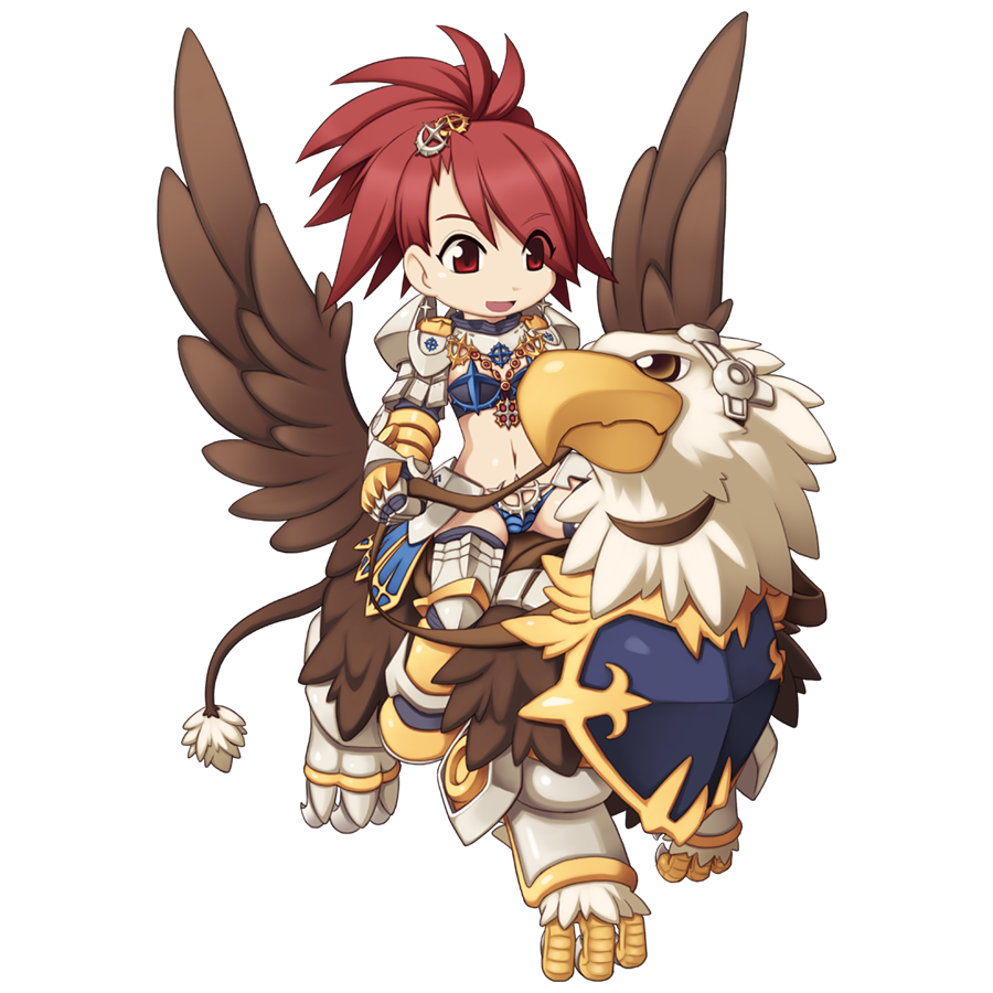 1girl armor armored_boots barding bikini_armor black_thighhighs boots breasts chibi cross_hair_ornament cross_of_prontera eyes_visible_through_hair faulds full_body gauntlets griffin gryphon_(ragnarok_online) hair_between_eyes hair_ornament high_heels high_ponytail jewelry leg_armor long_bangs long_hair looking_at_animal navel necklace official_art open_mouth pauldrons ragnarok_online red_hair reins riding royal_guard_(ragnarok_online) shoulder_armor simple_background small_breasts smile solo standing tachi-e thighhighs transparent_background yuichirou