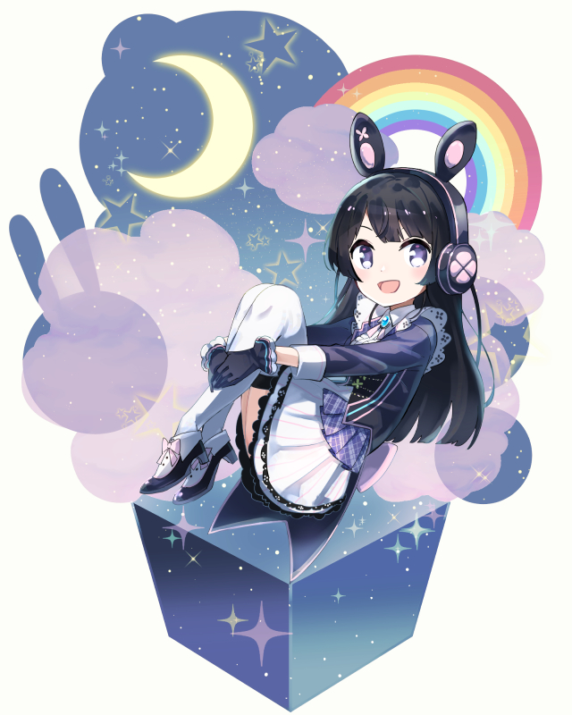 1girl :d animal_ear_headphones animal_ears black_gloves black_hair black_jacket blush brooch cloud collared_shirt crescent_moon fake_animal_ears from_side full_body gloves headphones hugging_own_legs jacket jewelry long_hair looking_at_viewer moon neck_ribbon nijisanji open_mouth own_hands_together pink_ribbon pleated_skirt purple_eyes rabbit_ear_headphones rainbow ribbon shirt sidelocks simple_background skirt smile solo sou_(tuhut) star_(symbol) straight_hair thighhighs tsukino_mito virtual_youtuber white_background white_skirt white_thighhighs zettai_ryouiki