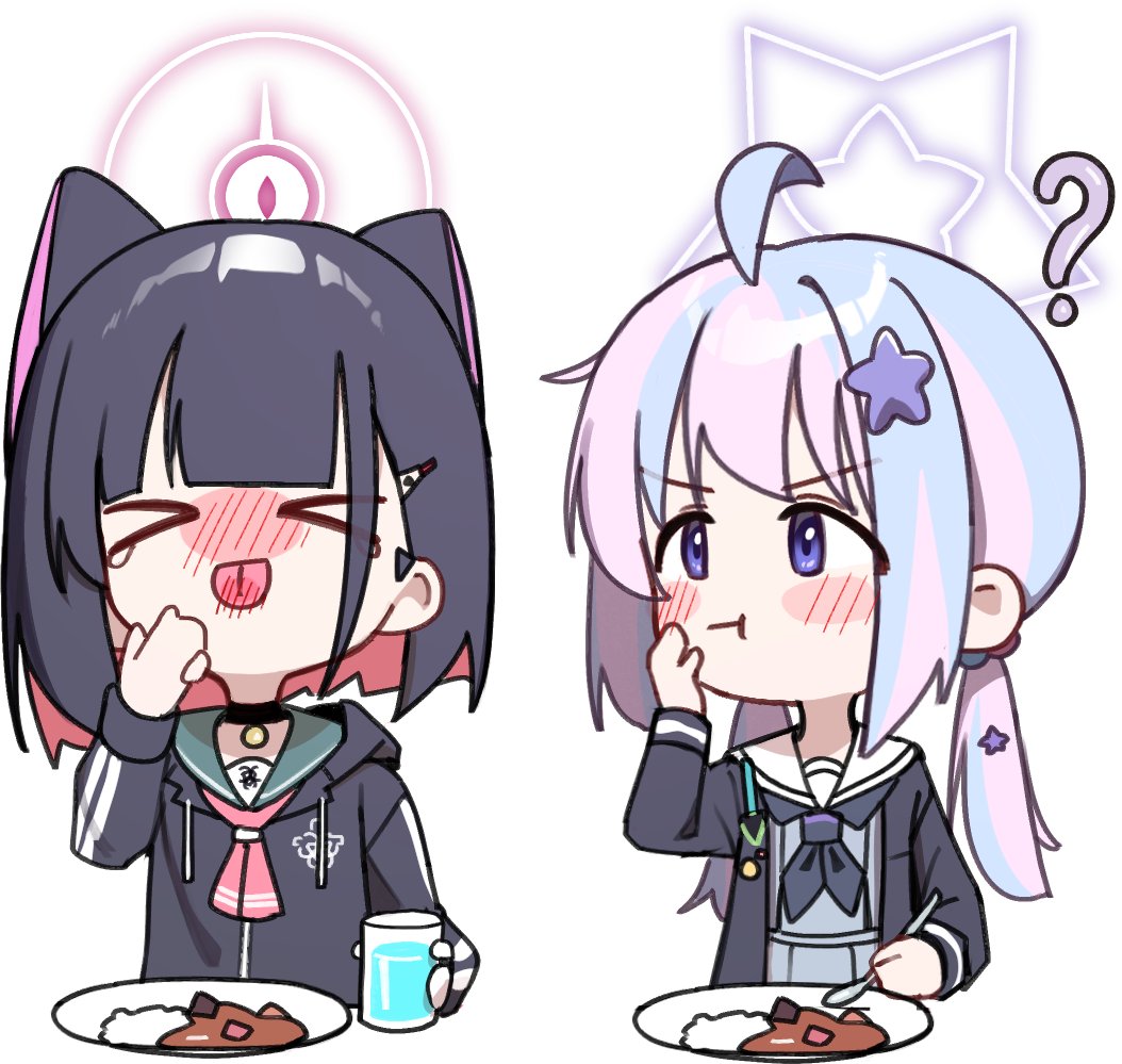 &gt;_&lt; 2girls ahoge animal_ears black_choker black_hair black_jacket black_neckerchief blue_archive blush cat_ears choker closed_mouth colored_inner_hair commentary cup curry curry_rice drinking_glass extra_ears food green_sailor_collar grey_serafuku hair_ornament hairclip halo holding holding_spoon hood hood_down hooded_jacket jacket kazusa_(blue_archive) long_hair long_sleeves multicolored_hair multiple_girls neckerchief open_clothes open_jacket pink_hair pink_halo purple_eyes purple_hair reisa_(blue_archive) rice sailor_collar school_uniform serafuku short_hair simple_background spoon star_(symbol) star_hair_ornament symbol-only_commentary tongue tongue_out white_background white_sailor_collar whonyang