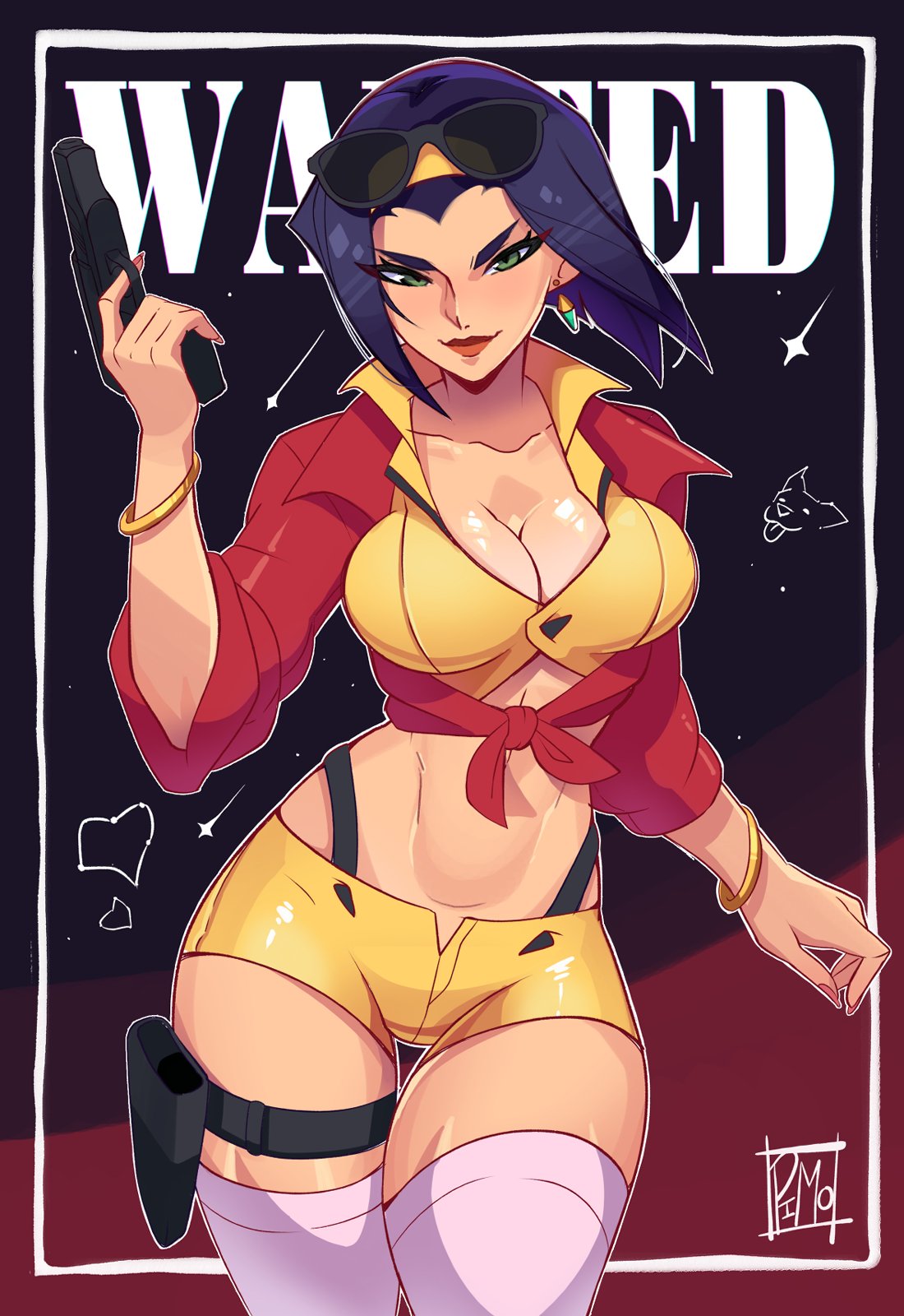 1girl abs artist_name black_background blunt_ends bob_cut border breasts cleavage collarbone cowboy_bebop cowboy_shot crop_top earrings english_commentary eyewear_on_head faye_valentine finger_on_trigger gold_bracelet gradient_background green_eyes gun hair_slicked_back hairband hand_up handgun highres holding holding_gun holding_weapon holster inverted_bob jewelry large_breasts lipstick long_sleeves looking_at_viewer makeup midriff narrowed_eyes open_clothes open_shirt outline outside_border pimozzarella purple_eyes purple_hair red_background red_lips red_shirt shirt short_hair short_shorts shorts signature solo sunglasses suspenders thigh_gap thigh_holster thigh_strap thighhighs tied_shirt toned v-shaped_eyebrows wanted weapon white_border white_outline white_thighhighs widow's_peak wind yellow_hairband yellow_shirt yellow_shorts