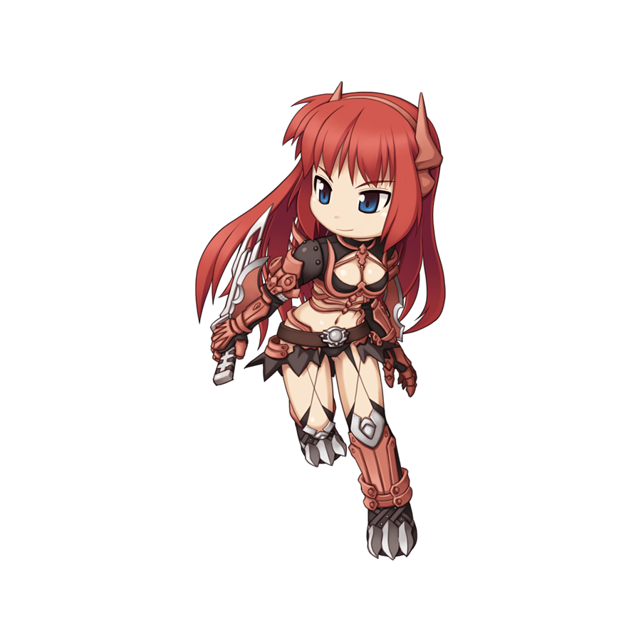 1girl arm_blade armor bikini_armor black_socks blue_eyes breasts brown_hairband brown_horns chibi cleavage closed_mouth dagger fake_horns full_body gauntlets guillotine_cross_(ragnarok_online) hairband holding holding_dagger holding_knife holding_weapon horns kneehighs knife leaning_forward long_hair looking_afar looking_to_the_side medium_breasts official_art pauldrons ragnarok_online red_armor red_hair reverse_grip shoulder_armor shrug_(clothing) sidelocks simple_background smile socks solo standing tachi-e transparent_background walking weapon yuichirou
