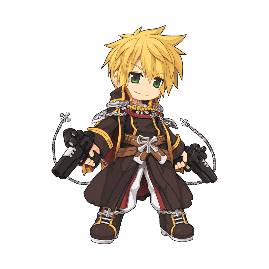 1boy bandolier belt black_coat black_footwear blonde_hair blue_eyes boots brown_belt buttons chain chibi closed_mouth coat cross double-breasted dual_wielding emblem epaulettes full_body gold_trim gun hair_between_eyes handgun holding holding_gun holding_weapon long_bangs long_sleeves looking_at_viewer male_focus military_uniform official_art pants pants_tucked_in ragnarok_online rebellion_(ragnarok_online) revolver scope shell_casing short_hair simple_background smile solo split_mouth standing tachi-e transparent_background uniform v-shaped_eyebrows weapon white_pants yuichirou