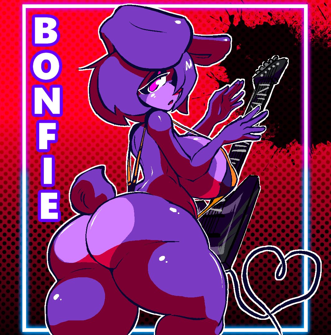 anthro big_breasts big_butt bonnie_(cally3d) bonnie_(fnaf) breasts butt female five_nights_at_freddy's fredina's_nightclub guitar heart_symbol lagomorph leporid mammal musical_instrument pink_eyes plucked_string_instrument rabbit scottgames scut_tail short_tail solo stormkinght string_instrument tail