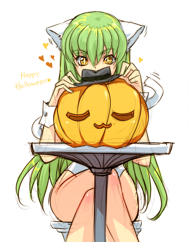 1girl animal_ears c.c. cat_ears cheese-kun code_geass creayus green_hair halloween happy_halloween hat jack-o'-lantern long_hair pizza_hut pumpkin sketch solo tail white_background yellow_eyes