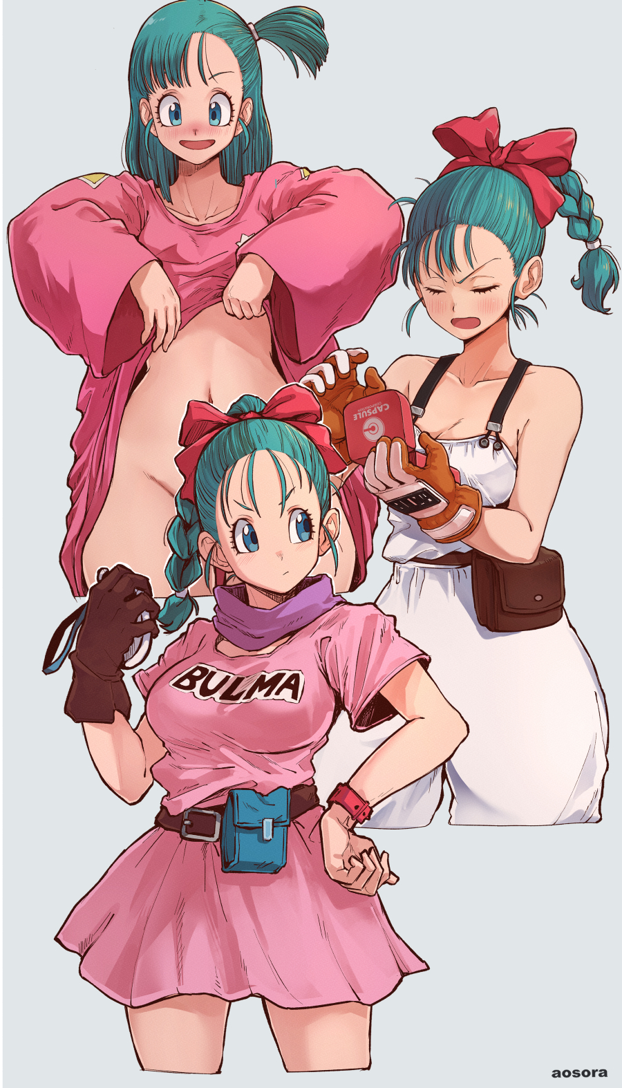 1girl aosora2823 aqua_hair artist_name asymmetrical_bangs asymmetrical_hair belt belt_pouch blue_eyes blush bottomless bow braid braided_ponytail breasts brown_belt brown_gloves bulma capsule_corp character_name cleavage closed_eyes clothes_lift clothes_writing collarbone commentary convenient_censoring cowboy_shot cropped_legs dragon_ball dragon_ball_(classic) dress gloves grey_background hair_bow hair_pulled_back hand_on_own_hip highres leather leather_gloves lifted_by_self long_shirt looking_to_the_side medium_breasts medium_hair multiple_views navel one_side_up open_mouth overalls oversized_clothes oversized_shirt pants pink_shirt pouch purple_scarf red_bow scarf scowl shirt shirt_lift short_dress short_hair short_sleeves simple_background single_glove sleeveless smile standing thighs v-shaped_eyebrows white_pants