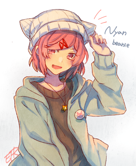 1girl :d adjusting_clothes adjusting_headwear animal_ear_headwear animal_ears artist_name badge black_sweater blush bob_cut button_badge casual cat_ears collarbone commentary doki_doki_literature_club english_text fake_animal_ears green_hoodie green_jacket hair_ornament hair_over_one_eye hair_ribbon hand_up hood hood_down hoodie jacket jewelry long_sleeves looking_at_viewer natsuki_(doki_doki_literature_club) necklace notice_lines open_mouth pendant pink_eyes pink_hair red_ribbon ribbed_hat ribbon romaji_text short_hair signature smile solo sora_(efr) star_(symbol) sweater swept_bangs symbol-only_commentary upper_body white_headwear x_hair_ornament