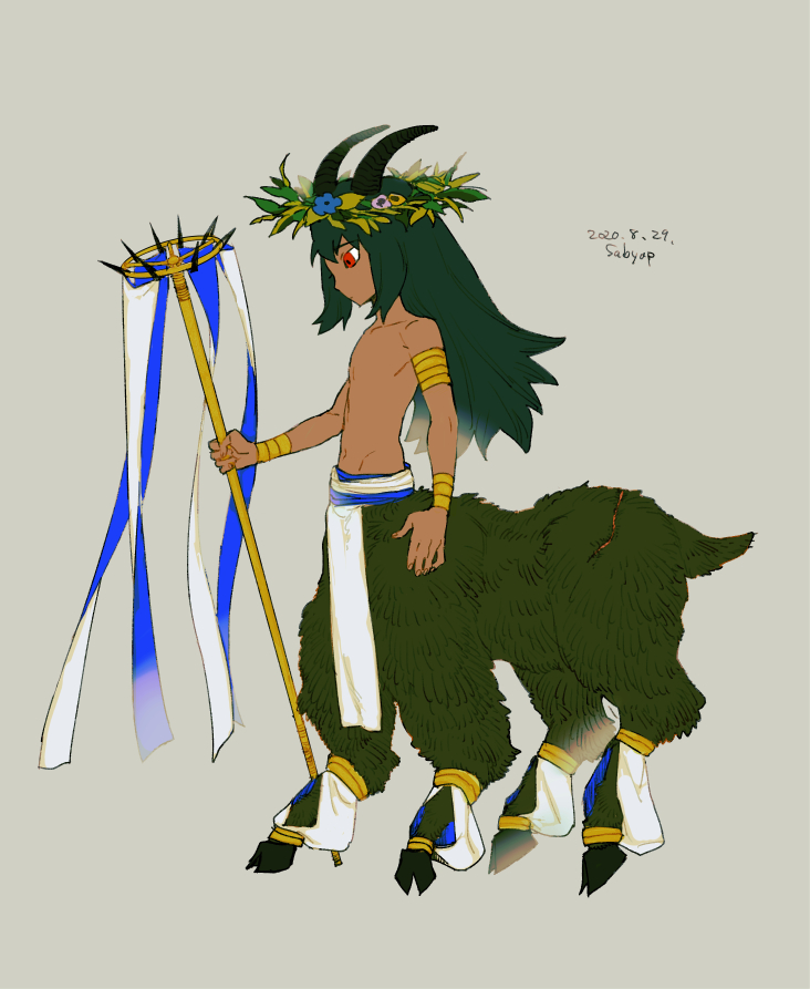 1boy armlet artist_name black_horns bracer centauroid child closed_mouth commentary_request dark-skinned_male dark_skin dated full_body goat_horns goat_tail green_fur green_hair grey_background hand_up head_wreath holding holding_staff hooves horns jewelry long_hair male_focus monster_boy original pelvic_curtain red_eyes sabyap scar scar_on_leg simple_background solo staff standing taur topless_male