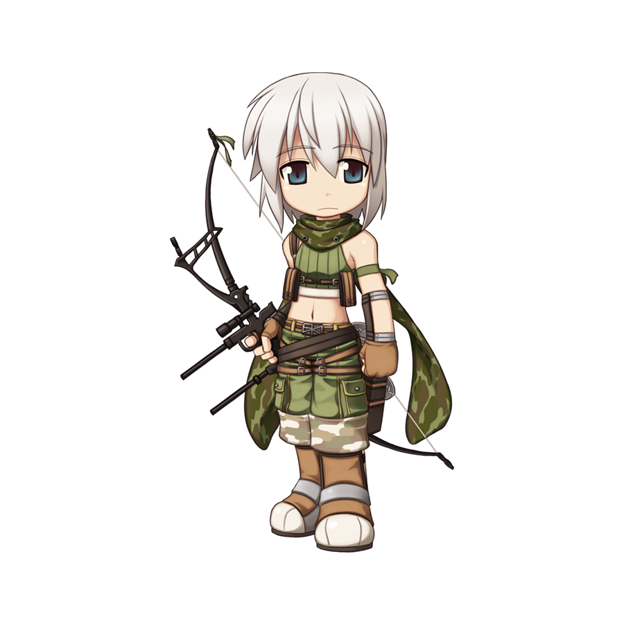 1boy arrow_(projectile) belt boots bow_(weapon) brown_belt brown_footwear brown_gloves camouflage camouflage_scarf camouflage_shorts chibi closed_mouth compound_bow crop_top expressionless fingerless_gloves full_body gloves green_scarf green_shirt green_shorts grey_eyes grey_hair hair_between_eyes holding holding_bow_(weapon) holding_weapon looking_at_viewer male_focus midriff navel official_art pouch ragnarok_online ranger_(ragnarok_online) scarf shirt short_hair shorts simple_background sleeveless sleeveless_shirt solo standing tachi-e transparent_background weapon yuichirou