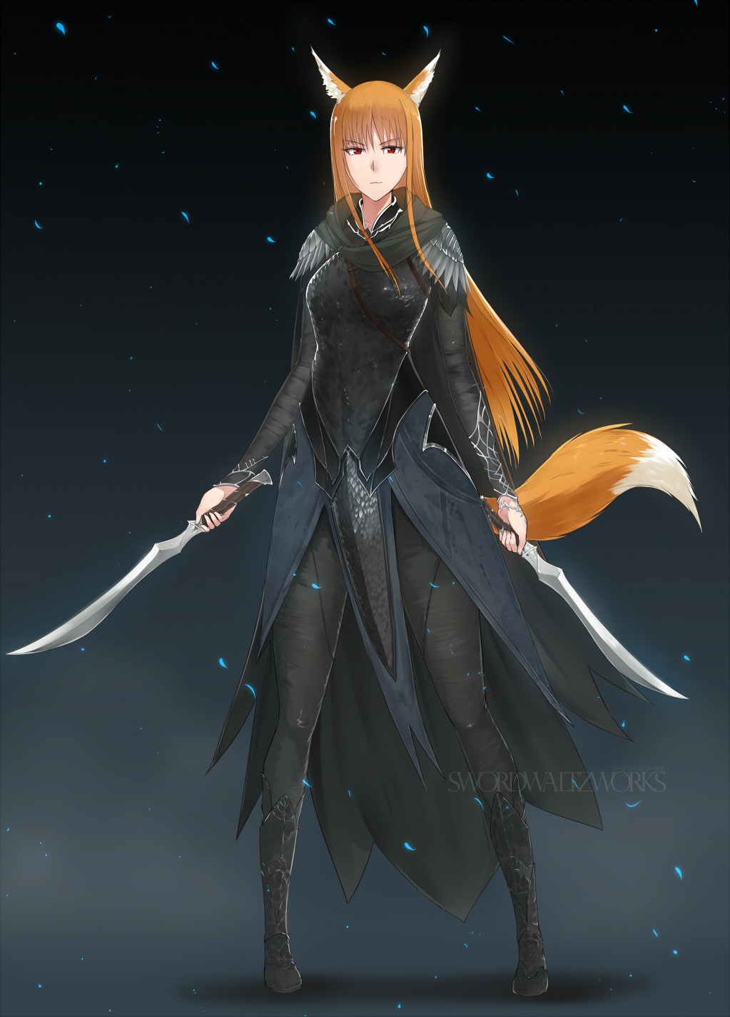 1girl animal_ears armor black_footwear boots breasts brown_hair cape character_request commission copyright_request cosplay full_body highres holding holding_sword holding_weapon holo long_hair looking_at_viewer medium_breasts red_eyes shoulder_armor skin_tight solo spice_and_wolf sword swordwaltzworks tail weapon wolf_ears wolf_girl wolf_tail