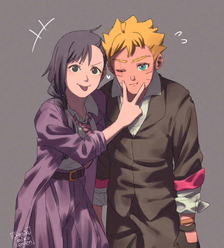 1boy 1girl ariamikukanzaki black_gloves black_jacket blonde_hair blue_eyes boruto:_two_blue_vortex bow bowtie braid coat commentary diagonal-striped_bow diagonal-striped_bowtie diagonal-striped_clothes facial_mark fingersmile flying_sweatdrops gloves grey_background high-waist_skirt hunched_over jacket kakei_sumire naruto_(series) one_eye_closed pleated_skirt purple_coat purple_skirt scar scar_across_eye skirt sleeves_rolled_up striped_clothes tongue tongue_out twitter_username uzumaki_boruto v-shaped_eyebrows whisker_markings