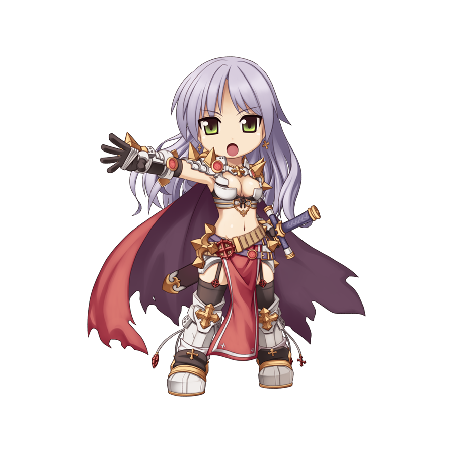1girl :o arm_up armor armored_boots belt bikini_armor black_thighhighs boots breasts brown_belt brown_gloves cape chibi cleavage cross cross_earrings cross_of_prontera earrings fighting_stance full_body garter_straps gauntlets gloves green_eyes grey_hair jewelry large_breasts long_hair looking_at_viewer medium_bangs midriff navel official_art open_mouth pauldrons ragnarok_online ready_to_draw red_cape rune_knight_(ragnarok_online) shoulder_armor simple_background smile solo spiked_pauldrons standing tachi-e thighhighs torn_cape torn_clothes transparent_background yuichirou