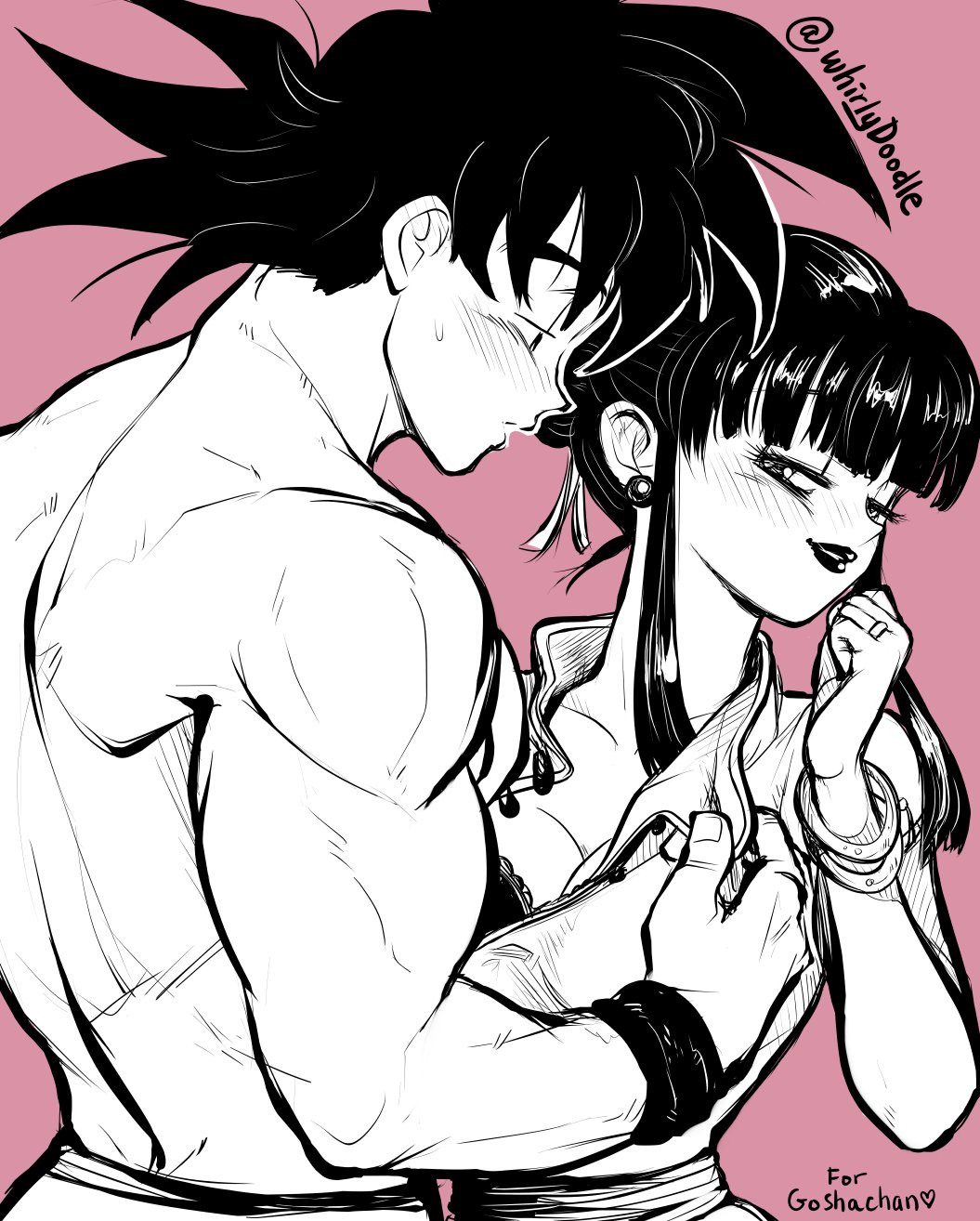 1boy 1girl blunt_bangs blush bracelet breasts chi-chi_(dragon_ball) cleavage commentary dragon_ball dragon_ball_z earrings english_commentary greyscale_with_colored_background hair_bun half-closed_eyes hetero highres husband_and_wife jewelry large_breasts lipstick makeup pink_background sidelocks single_hair_bun son_goku sweatdrop topless_male twitter_username undressing_another whirlydoodle
