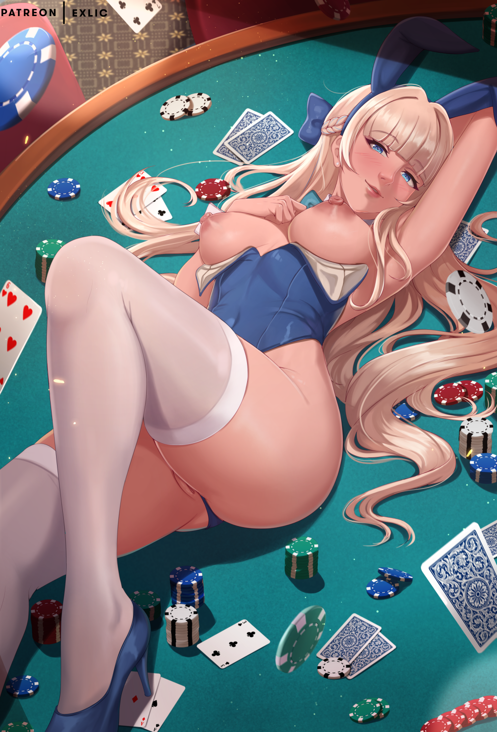 1girl ace_(playing_card) ace_of_diamonds ace_of_spades animal_ears aqua_bow aqua_bowtie arm_pillow artist_name blonde_hair blue_archive blue_bow blue_eyes blue_footwear blue_hair blue_leotard bow bowtie braid breasts card covered_navel detached_collar diamond_(shape) exlic fake_animal_ears floating_card hair_bow hand_on_own_chest high_heels highleg highleg_leotard highres indoors knee_up large_breasts legs leotard light_smile long_hair looking_at_viewer lying multicolored_hair nipples no_halo official_alternate_costume on_back on_table parted_lips partially_visible_vulva patreon_username playboy_bunny playing_card poker_chip poker_table pumps rabbit_ears solo spade_(shape) strapless strapless_leotard streaked_hair table teeth thighhighs toki_(blue_archive) toki_(bunny)_(blue_archive) very_long_hair white_thighhighs white_wrist_cuffs wrist_cuffs