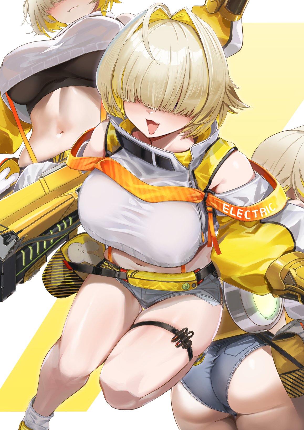 1girl :3 :d ahoge ass ayamo_kaoru black_gloves black_sports_bra blonde_hair blush breasts closed_mouth clothing_cutout crop_top crop_top_overhang cropped_sweater elegg_(nikke) exposed_pocket from_behind gloves goddess_of_victory:_nikke grey_shorts hair_intakes hair_over_eyes highres holding holding_weapon large_breasts long_bangs long_sleeves micro_shorts multicolored_clothes multicolored_gloves multicolored_hair multiple_views navel open_mouth plump short_hair shorts shoulder_cutout skindentation smile solo sports_bra suspender_shorts suspenders thigh_gap thigh_strap thighs two-tone_hair weapon yellow_gloves