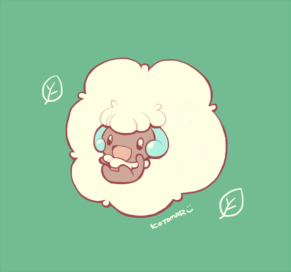 animal_focus black_eyes chibi chibi_only full_body green_background kotorai leaf no_humans open_mouth pokemon pokemon_(creature) signature simple_background solo whimsicott