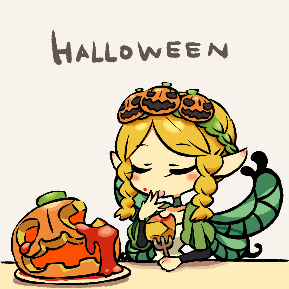 blonde_hair braid chan_co closed_eyes eating fairy food food_themed_hair_ornament fork hair_ornament halloween jack-o'-lantern licking long_sleeves mercedes odin_sphere pointy_ears puff_and_slash_sleeves puffy_sleeves pumpkin pumpkin_hair_ornament solo tongue twin_braids white_background wings