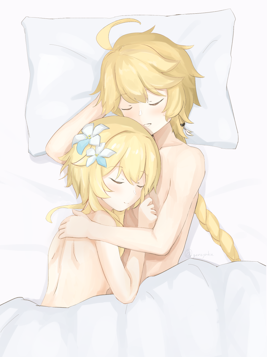 1boy 1girl aether_(genshin_impact) ahoge blonde_hair braid braided_ponytail brother_and_sister closed_eyes earrings flower genjaku genshin_impact hair_between_eyes hair_flower hair_ornament highres hug incest jewelry light_smile long_hair lumine_(genshin_impact) nude pillow short_hair_with_long_locks siblings single_earring twincest twins under_covers upper_body white_flower