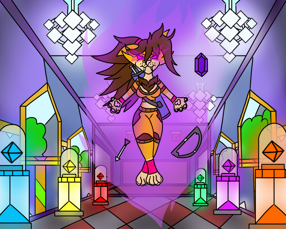 anthro bow_(weapon) brown_hair castle clothed clothing crystal detailed_background digital_drawing_(artwork) digital_media_(artwork) doubutsunosekai felid feline female fur hair kaydence_(doubutsunoskeai) magic mammal orange_body orange_fur ranged_weapon saber-toothed_tiger solo story story_in_description weapon