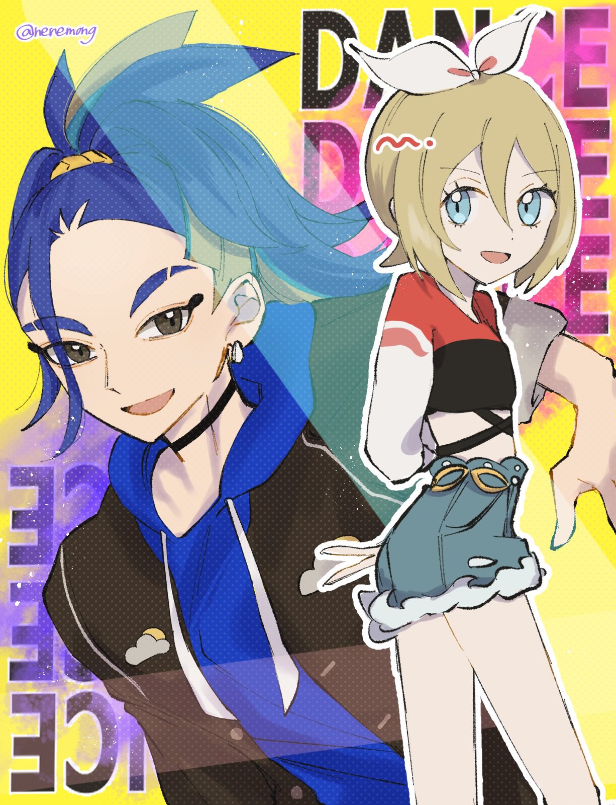 1boy 1girl adaman_(pokemon) adaman_(special_costume)_(pokemon) blonde_hair blue_eyes blue_hair blue_hoodie brown_eyes denim denim_shorts earrings eyebrow_cut highres hood hoodie irida_(pokemon) irida_(special_costume)_(pokemon) jewelry looking_at_viewer midriff multicolored_hair ne_mo official_alternate_costume pokemon pokemon_masters_ex shorts two-tone_hair yellow_background