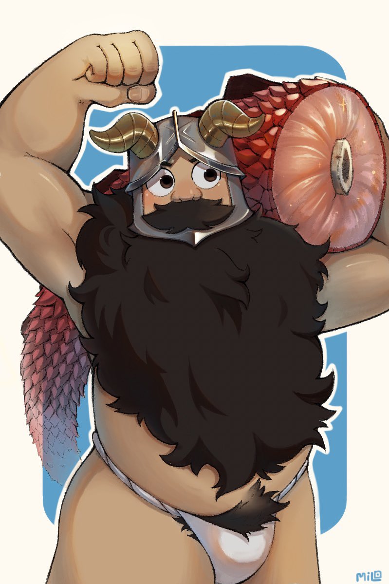 1boy bara beard belly brown_hair bulge carrying_over_shoulder cowboy_shot dungeon_meshi dwarf excessive_pubic_hair facial_hair fake_horns flexing food fundoshi helmet horned_helmet horns japanese_clothes long_beard male_focus meat milo_(getingko) plump pubic_hair senshi_(dungeon_meshi) solo thick_mustache thick_thighs thighs topless_male very_long_beard