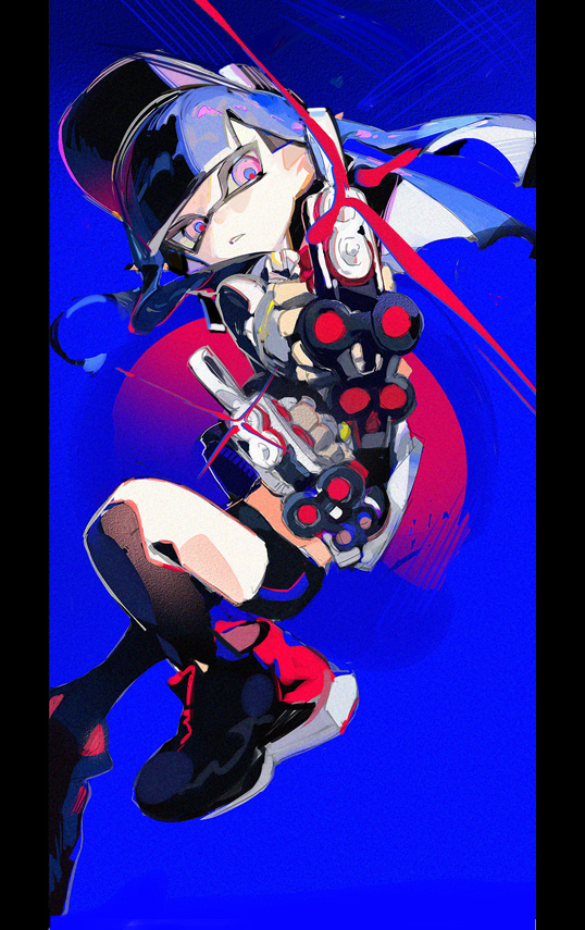 1girl aiming aiming_at_viewer baseball_cap black_border black_footwear black_headwear black_shorts black_sweater blue_background blue_hair blue_pupils blunt_bangs border clothes_lift collared_shirt dual_wielding hat holding holding_weapon inkling_girl inkling_player_character long_hair parted_lips pink_eyes shirt shirt_lift shorts solo splatoon_(series) standing standing_on_one_leg suymix320 sweater teeth tentacle_hair tetra_dualies_(splatoon) weapon white_shirt