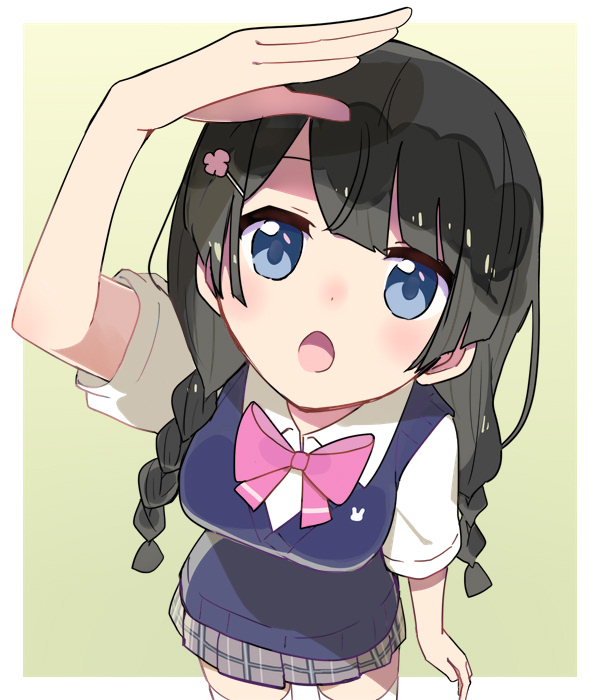 1girl :o arm_at_side black_hair blue_eyes blue_vest blush border bow bowtie braid collared_shirt cowboy_shot dot_nose foreshortening from_above grey_skirt hair_ornament hairpin hand_on_own_head legs_apart long_hair looking_at_viewer low_twin_braids miniskirt nijisanji open_mouth outside_border pink_bow pink_bowtie plaid plaid_skirt pleated_skirt shading_eyes shirt sidelocks simple_background skirt solo sou_(tuhut) thighhighs tsukino_mito tsukino_mito_(3rd_costume) twin_braids v-neck vest virtual_youtuber white_border white_shirt white_thighhighs yellow_background zettai_ryouiki
