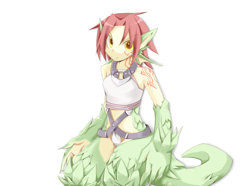 1girl bmp-to-png_conversion breasts closed_mouth clothing_request colored_skin cowboy_shot dragon_ears dragon_girl dragon_tail facial_tattoo fins frfr game_cg granberia green_skin hair_intakes head_fins light_frown looking_at_viewer medium_breasts mon-musu_quest! monster_girl neck_tattoo non-web_source pointy_ears red_hair scales short_hair simple_background solo tail tattoo transparent_background v-shaped_eyebrows yellow_eyes yellow_skin