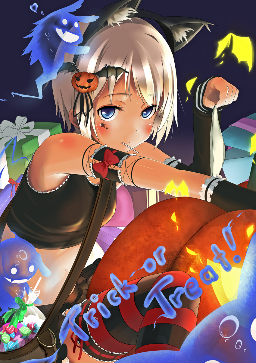 animal_ears bad_id bad_pixiv_id bare_shoulders blonde_hair blue_eyes candy erica_hartmann food food_themed_hair_ornament gift hair_ornament hairband halloween highres holding holding_panties jack-o'-lantern lollipop mouth_hold nemo_(piisukun) panties pumpkin pumpkin_hair_ornament short_hair solo strike_witches striped striped_legwear tank_top thighhighs trick_or_treat underwear world_witches_series