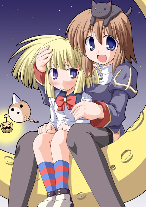 2000s_(style) 2girls :d animal_on_head black_cat black_thighhighs blonde_hair blue_dress blue_eyes bow bowtie cat cat_on_head closed_mouth crescent_moon dress fangs hair_between_eyes hand_on_another's_arm hand_on_another's_head juliet_sleeves kikkawa_(citrus_fruits) loli_ruri long_sleeves lude_(ragnarok_online) moon multiple_girls on_head open_mouth pointy_ears priest_(ragnarok_online) puffy_sleeves purple_eyes ragnarok_online red_bow red_bowtie short_hair sitting sleeve_cuffs slit_pupils smile socks star_(sky) striped_clothes striped_socks thighhighs zettai_ryouiki