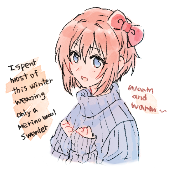 :d blue_eyes blush bow clenched_hands doki_doki_literature_club english_text grey_sweater hair_between_eyes hair_bow hands_on_own_chest long_sleeves open_mouth own_hands_together pink_hair red_bow ribbed_sweater sayori_(doki_doki_literature_club) short_hair simple_background sleeves_past_wrists smile sora_(efr) sweater turtleneck turtleneck_sweater upper_body white_background