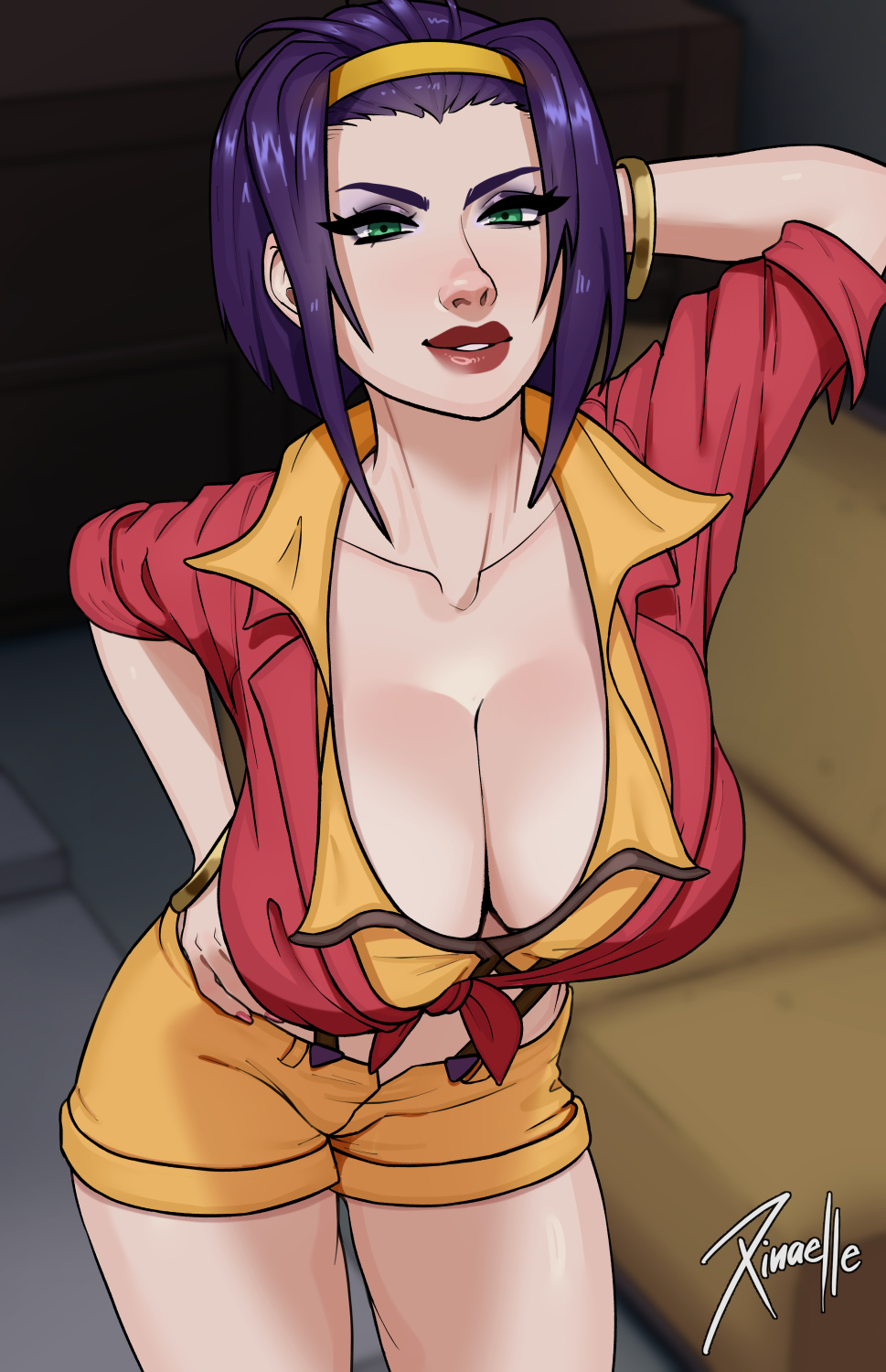 1girl alternate_breast_size arm_up artist_name ashe_(overwatch) black_panties breasts cleavage collarbone commentary cosplay cowboy_bebop english_commentary faye_valentine faye_valentine_(cosplay) green_eyes hairband hand_on_own_hip highres large_breasts lipstick looking_at_viewer makeup overwatch overwatch_2 panties pink_nails purple_hair short_hair shorts solo standing thighs underwear xinaelle yellow_hairband yellow_shorts