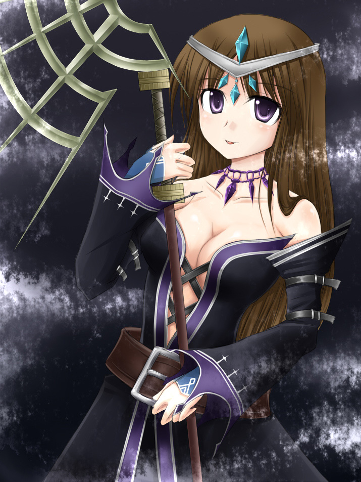 :p belt breasts brown_hair choker crystal detached_sleeves diadem fantasy_earth_zero jewelry long_hair medium_breasts necklace purple_eyes shimo_(depthbomb) solo tongue tongue_out