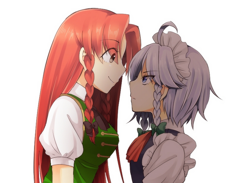 eye_contact hitomi_(ricca) hong_meiling izayoi_sakuya long_hair looking_at_another multiple_girls profile touhou