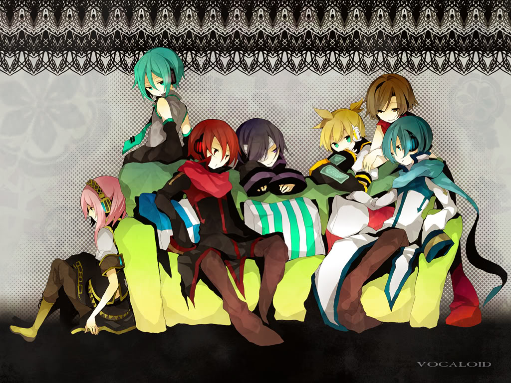 akaito bad_id bad_pixiv_id couch genderswap genderswap_(ftm) hatsune_mikuo headphones headset kagamine_len kaito male_focus megurine_luki meito multiple_boys necktie sabutarou scarf taito_(vocaloid) vocaloid