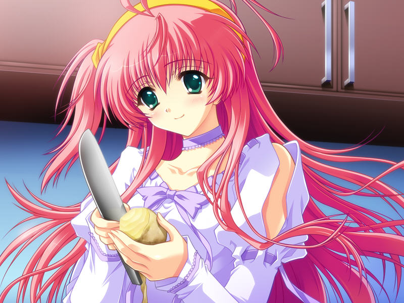 akira_(usausa) blush dress game_cg green_eyes knife long_hair non-web_source nostradamus_ni_kiite_miro peeling pink_hair potato solo stra