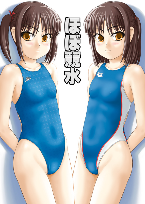 brown_hair competition_swimsuit covered_nipples flat_chest multiple_girls one-piece_swimsuit orange_eyes original short_hair swimsuit tk4